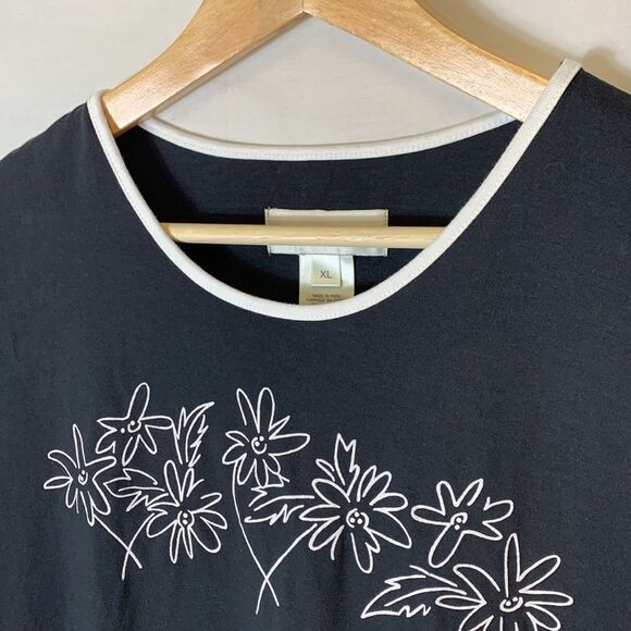 Susan Bristol Black Cotton White Floral Design Scoop Neck SS T-Shirt Size XL - Picture 3 of 9